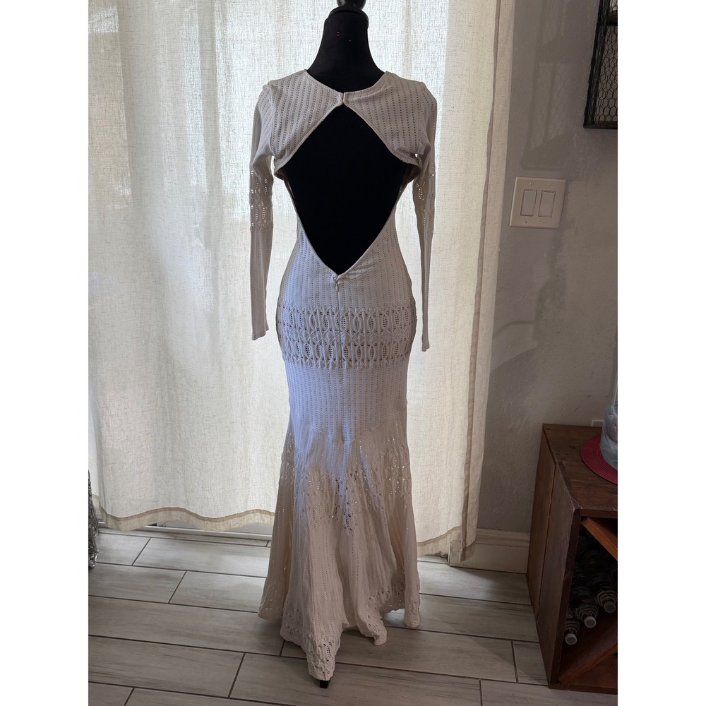 Sky White Crochet Knit Open Back Maxi Dress Long Sleeve Mermaid Gown AH737-9M M - Picture 2 of 10